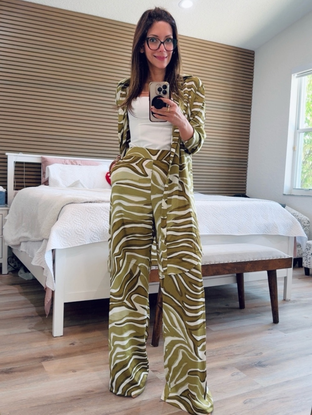 Fashion Nova Olive & White Zebra-Print Wide Leg Pants Set